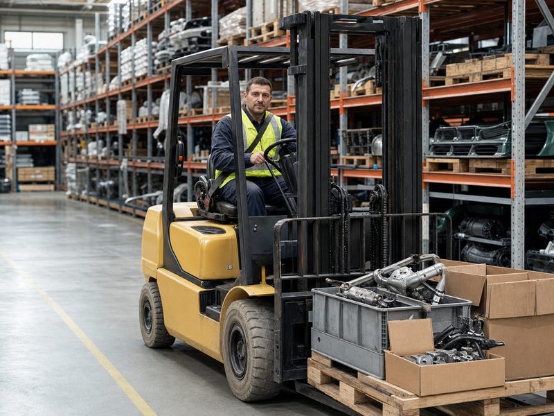 Оператор вилочного погрузчика везёт паллету с ящиками автодеталей по складу